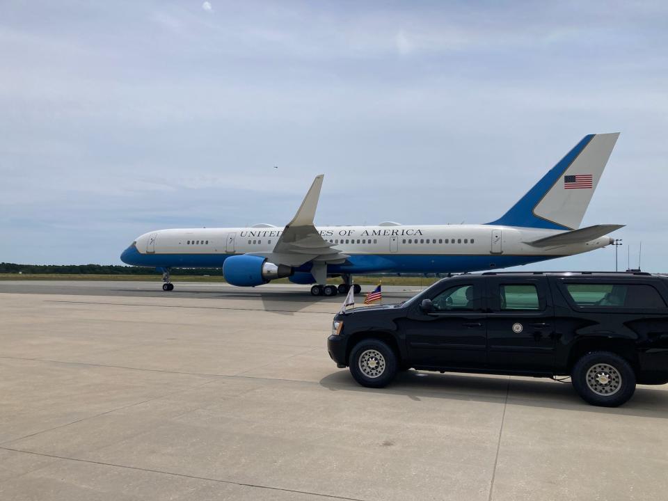 Vice President Kamala Harris arrived just before 1 p.m. at U.S. Air Station Cape Cod in Bourne on Saturday before heading to a fundraising event in Provincetown.