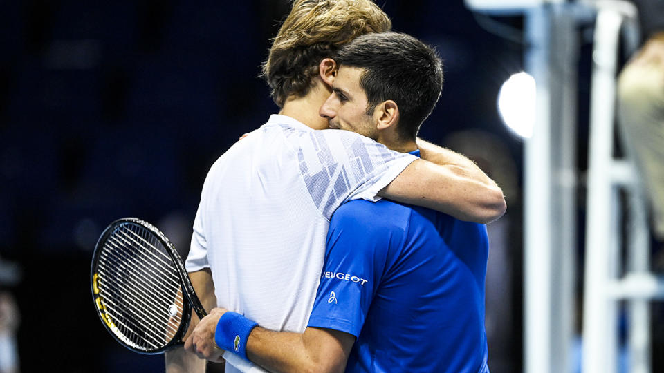 Novak Djokovic and Alexander Zverev, pictured here after their clash at the ATP World Tour Finals.