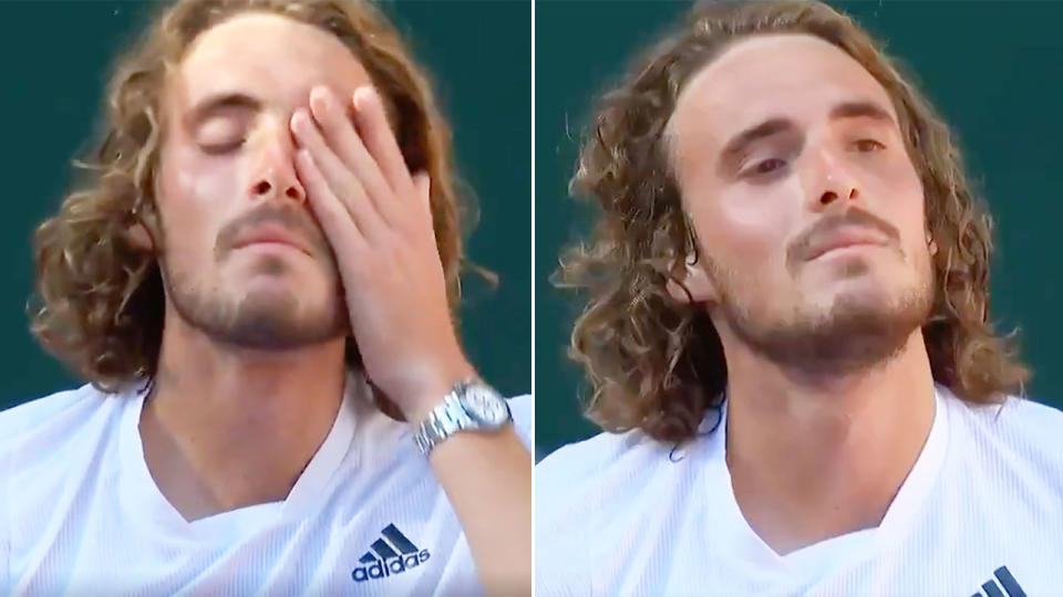 Stefanos Tsitsipas is seen here wiping away tears after his French Open slam semi-final win.