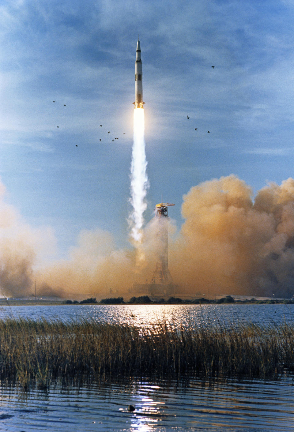 FILE - In this Dec. 21, 1968 photo made available by NASA, the Saturn V rocket carrying the Apollo 8 crew launches from the Kennedy Space Center in Florida with 7.5 million pounds of thrust. Retired Maj. Gen. William Anders, the former Apollo 8 astronaut who took the iconic “Earthrise” photo showing the planet as a shadowed blue marble from space in 1968, was killed Friday, June 7, 2024, when the plane he was piloting alone plummeted into the waters off the San Juan Islands in Washington state. He was 90. (NASA via AP, File)