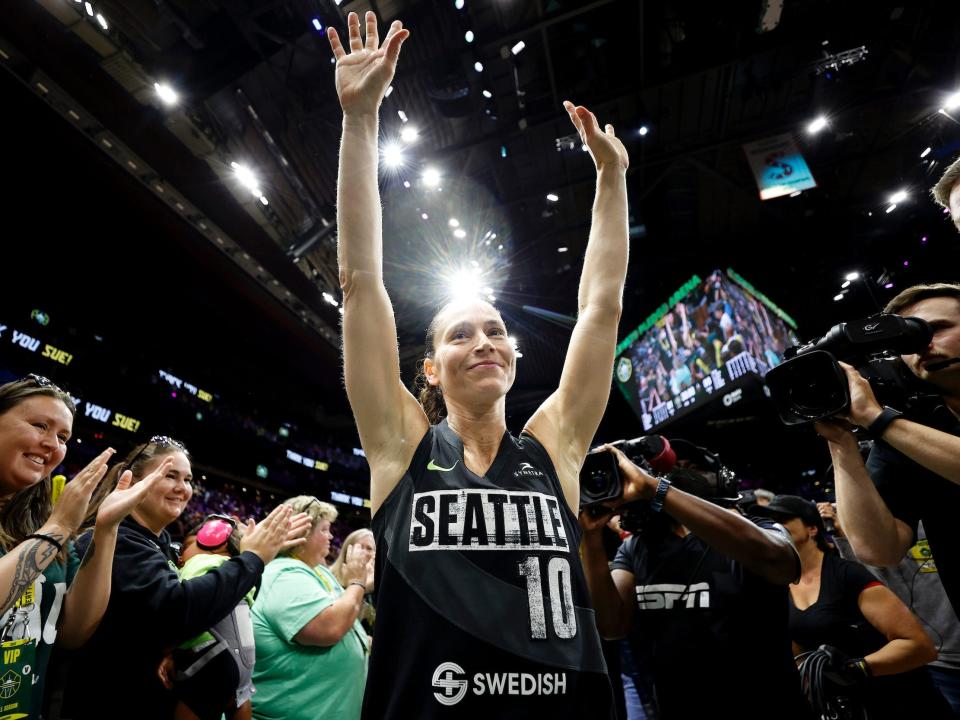 Sue Bird of the Seattle Storm waves to fans after the last regular season home game of her career against the Las Vegas Aces in Seattle, Washington.