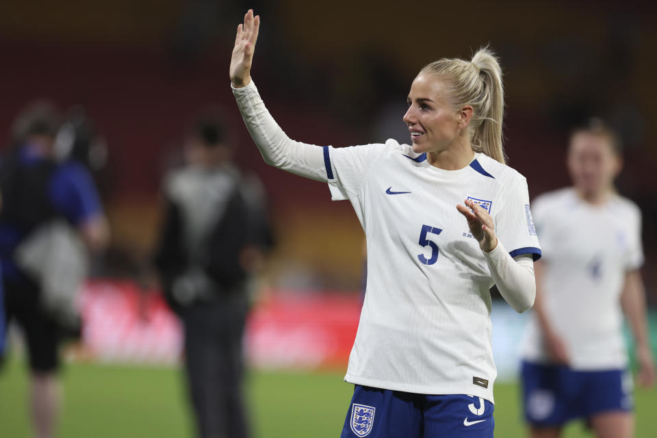 England's Alex Greenwood waves to the crowds after a 1-0 victory in the Women's World Cup Group D soccer match between England and Haiti in Brisbane, Australia, Saturday, July 22, 2023. (AP Photo/Katie Tucker)