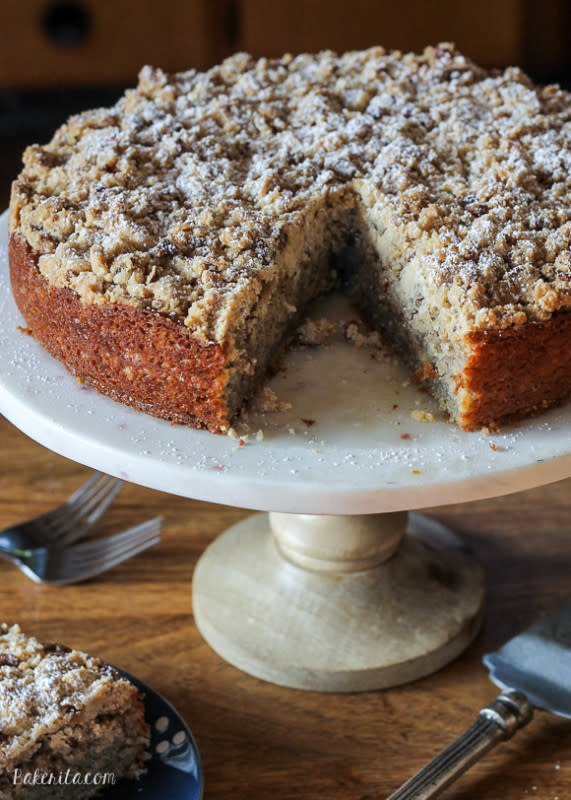 <p>This Banana Crumb Cake is a stepped up version of the best banana bread you’ve ever eaten! It’s full of banana flavor, and the pecan crumb topping puts it over the top. It’s also dairy free. <a href="http://www.bakerita.com/banana-crumb-cake-dairy-free/" rel="nofollow noopener" target="_blank" data-ylk="slk:Get the recipe here.;elm:context_link;itc:0;sec:content-canvas" class="link ">Get the recipe here.</a></p>