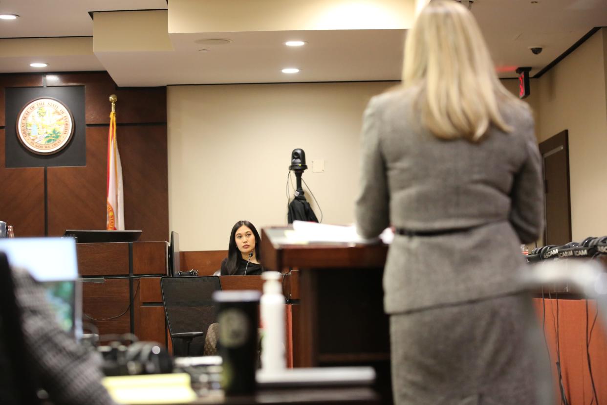 Assistant State Attorney Georgia Cappleman questions June Umchinda about her former relationship with Charlie Adelson, Oct. 27, 2023.