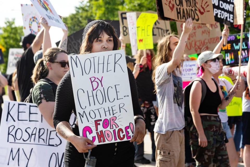 Jessica Kampula, a mother of an adopted child, came to counter protest a pro-life celebration held outside of the Idaho Statehouse in Boise on Tuesday, June 28, 2022.