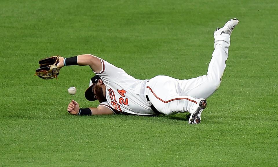 DJ Stewart did his best Derek Fisher impression by taking a fly ball off his head, begging the question: Who did it better? (Getty)