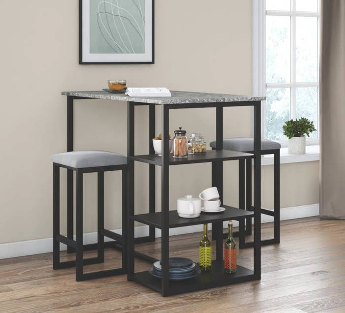 small marble table top and stool dining set with shelves