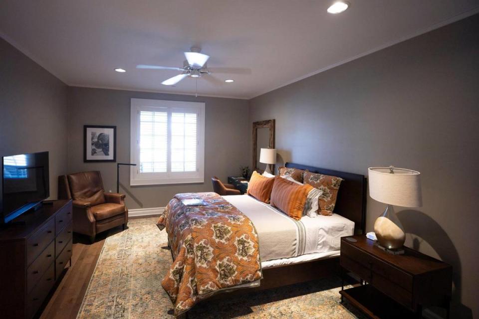 A guest bedroom is at the Fisher House at the VA’s Leestown campus in Lexington, Ky., on Thursday, Dec. 14, 2023. Veterans and their families can stay for free at the Fisher House while receiving care at the VA. There are 16 guest suites at the Lexington VA location.