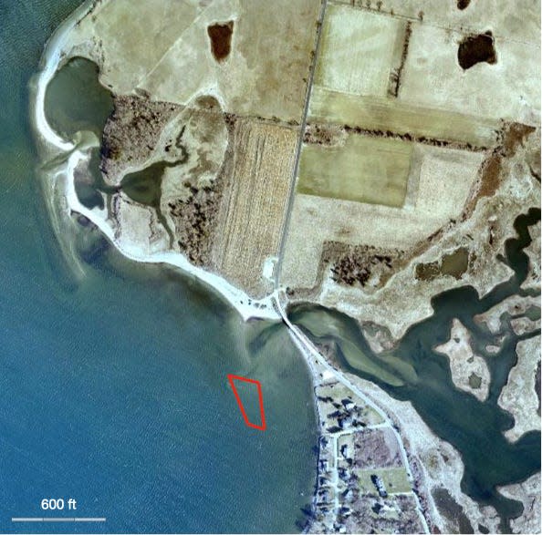 The Bowen brothers' proposed oyster lease, bordered in red, would take up less than one acre of Sapowet Cove.