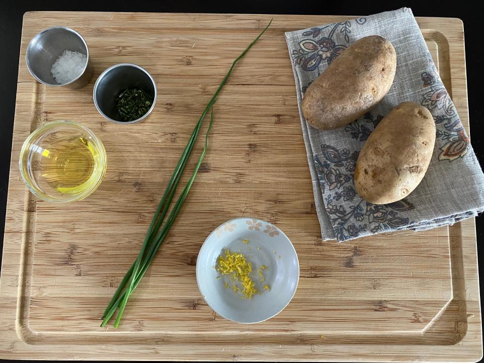 ina garten baked potato recipe ingredients on cutting board