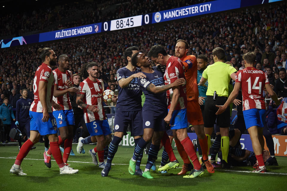 Seen here, players arguing during the Champions League quarter-final second leg between Atletico Madrid.