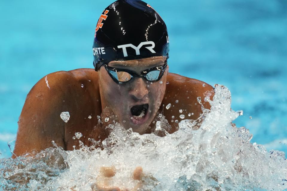 Ryan Lochte participates in the men's 200 Individual Medley during wave 2 of the U.S. Olympic Swim Trials on Thursday, June 17, 2021, in Omaha, Neb. (AP Photo/Charlie Neibergall)