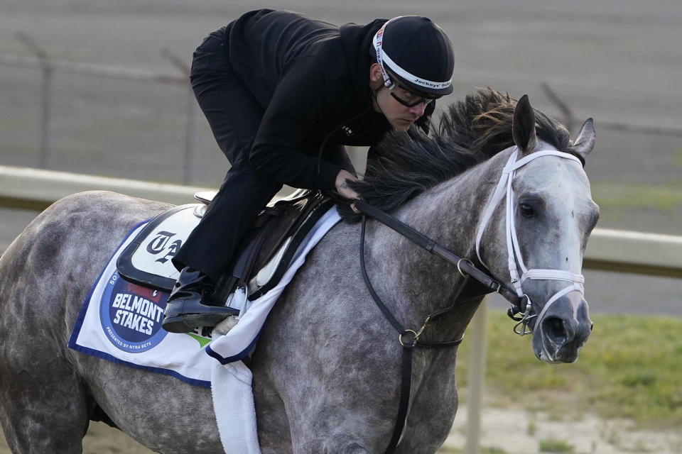 Tapit Trice trains ahead of the Belmont Stakes horse race, Friday, June 9, 2023, at Belmont Park in Elmont, N.Y. (AP Photo/John Minchillo)