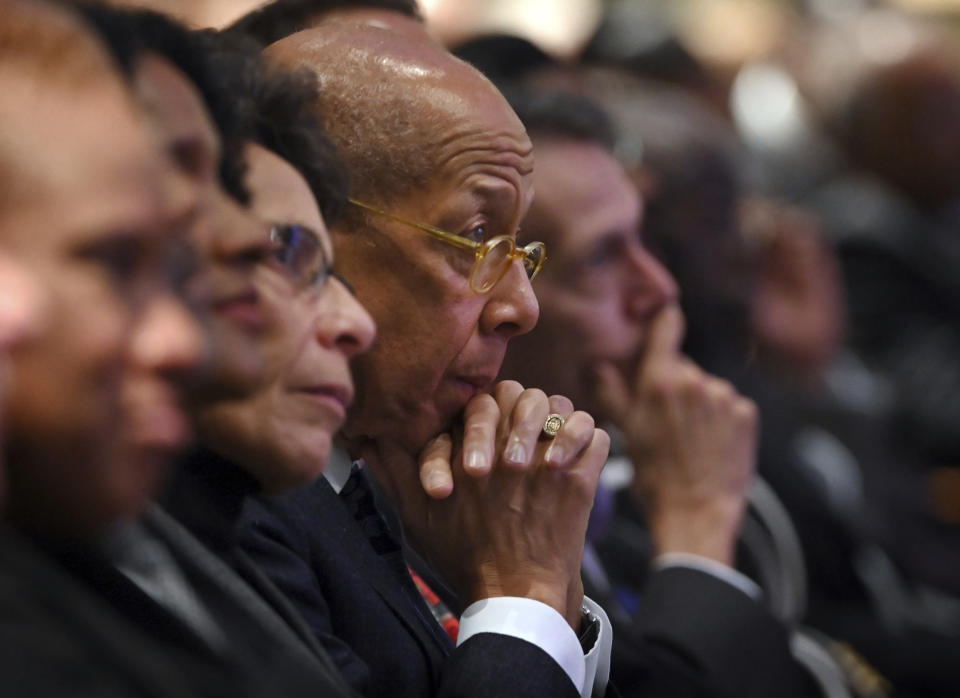 Mourners attend the funeral service for Rep. Elijah Cummings, D-Md., at the New Psalmist Baptist Church in Baltimore, Md., on Friday, Oct. 25, 2019. (Lloyd Fox/The Baltimore Sun via AP, Pool)