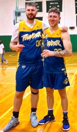 Cameron Miller and Braden Young celebrate after winning the PBL title for Lancaster.