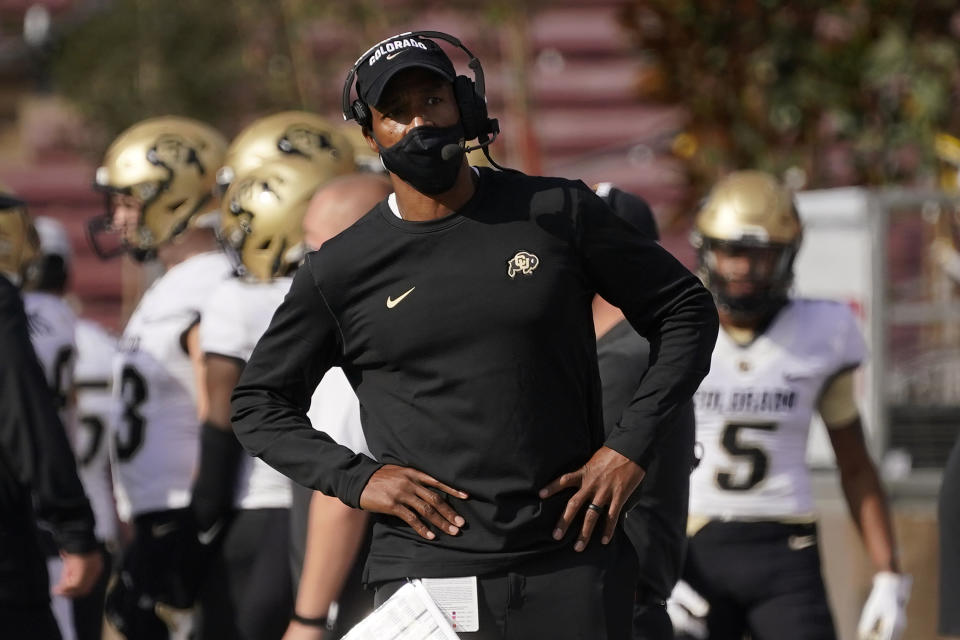 Colorado head coach Karl Dorrell stands on the sideline during the first half of an NCAA college football game against Stanford in Stanford, Calif., Saturday, Nov. 14, 2020. (AP Photo/Jeff Chiu)