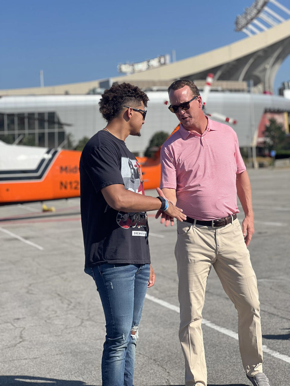 Patrick Mahomes and Peyton Manning at Arrowhead Stadium in Kansas City on July 21, 2022.