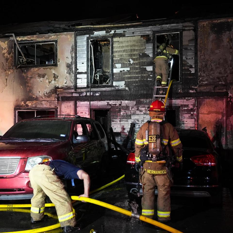 El Paso Fire Department firefighters battle a fire Monday, Aug. 19, 2024, at the Celina Plaza apartments located at 8500 Viscount Boulevard in East El Paso. An arson investigation is being conducted after it was determined the fire was started by a person or persons.