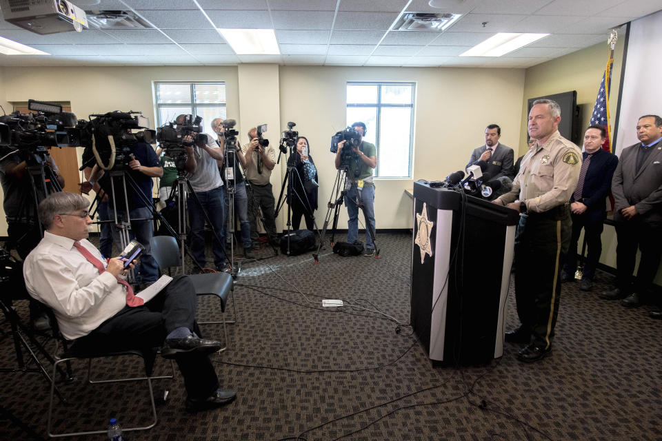 Riverside County Sheriff Chad Bianco provides update on the Perris triple homicide investigation during a news conference at the Riverside County Sheriff's station on Tuesday, Feb. 18, 2020 in Perris, Calif. Three adult males bodies were found yesterday at the Perris Valley Cemetery. (Watchara Phomicinda/The Orange County Register via AP)