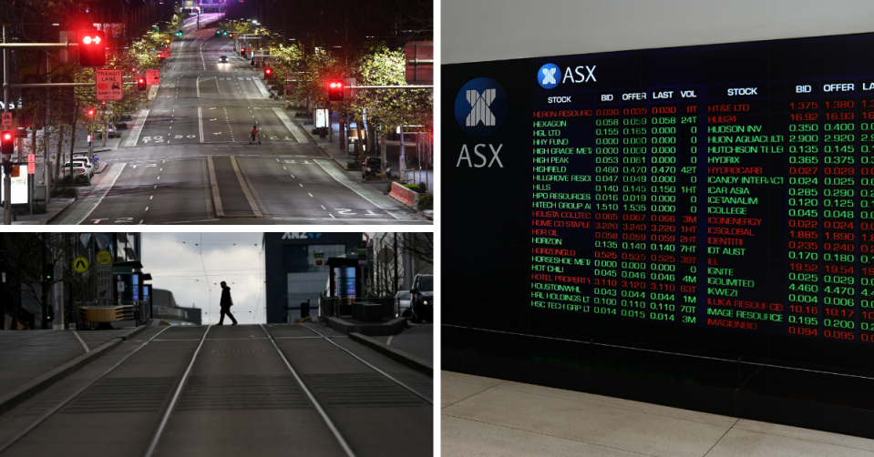 Empty streets in Sydney and Melbourne an the board at the ASX.