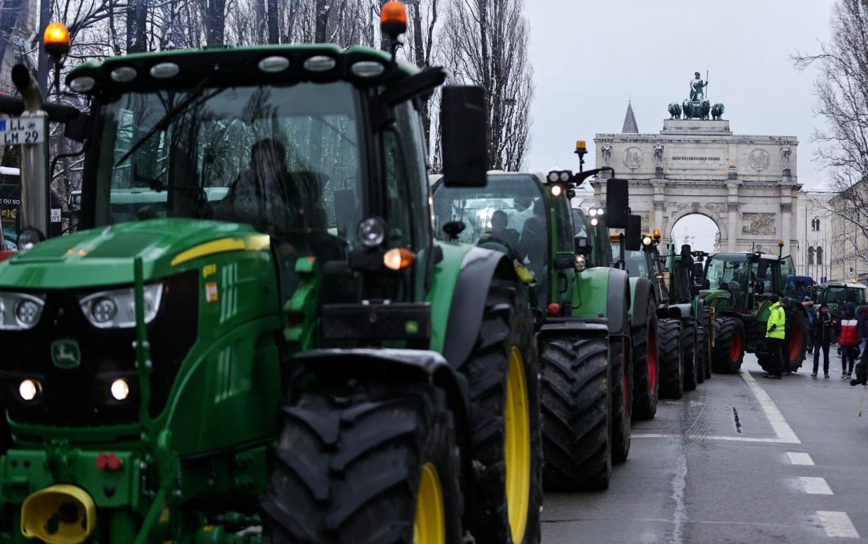 German farmers protest against the cut of vehicle tax subsidies near the Victory Gate ‘Siegestor’ in Munich