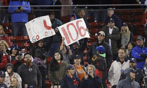 Boston Red Sox fans hold up a 106 sign after the team’s 106th win of the season after a baseball game against the Baltimore Orioles at Fenway Park in Boston, Monday, Sept. 24, 2018. The Orioles notched their 111 loss of the season in the game. (AP Photo/Charles Krupa)