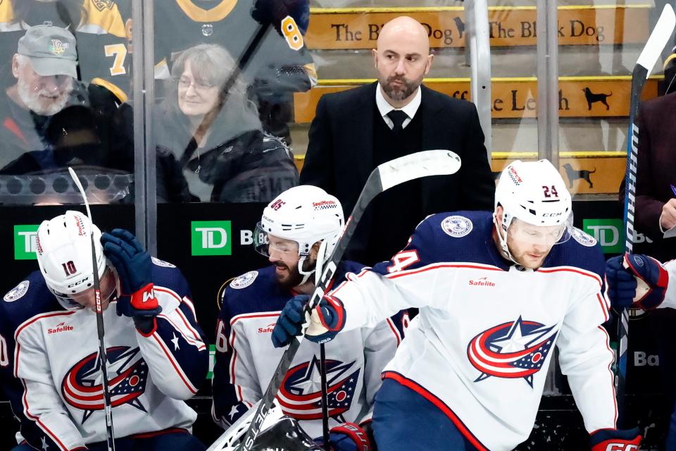 Columbus Blue Jackets head coach Pascal Vincent looks on from the bench during the second period of an NHL hockey game against the Boston Bruins, Sunday, Dec. 3, 2023, in Boston. (AP Photo/Mary Schwalm)
