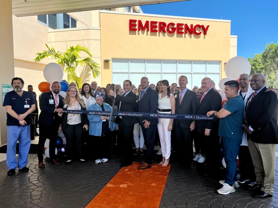 The staff of the HCA Florida Palms West Hospital cuts the ribbon on its newly expanded $6.8 million pediatrics emergency room on Wednesday, Sept 20, 2023.