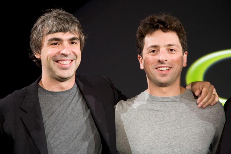Google co-founders Larry Page (left) and Sergey Brin (right) at a press event where Google and T-Mobile announced the first Android-powered cell phone, the T-Mobile G1. Corbis via Getty Images