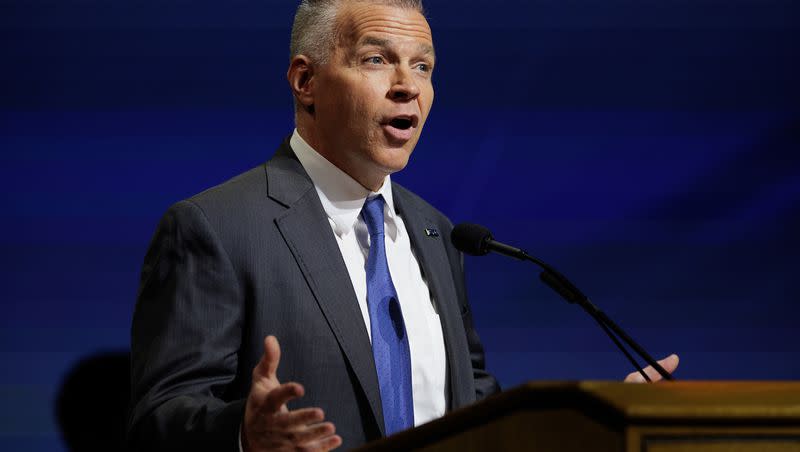 New BYU President Shane Reese speaks at the first devotional of the fall semester at the Marriott Center in Provo, Utah, on Tuesday, Sept. 12, 2023. Reese will be inaugurated at the devotional on Sept. 19.