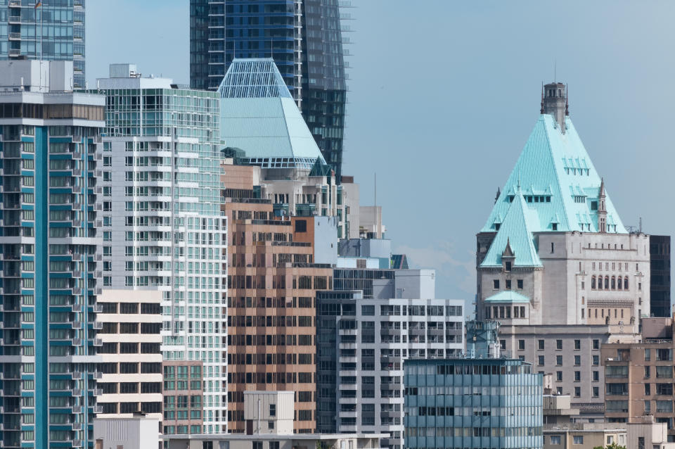 "Cityscape of downtown Vancouver, British Columbia, Canada.  The iconic Fairmont Hotel Vancouver is on the right, surrounded by office buildings, apartments and hotels in the downtown core.More downtown Vancouver:"