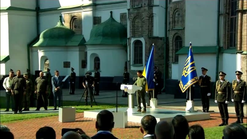 Zelenskyy delivers speech at Day of Ukrainian Statehood event at St. Sophia Cathedral in Kyiv, Ukraine.