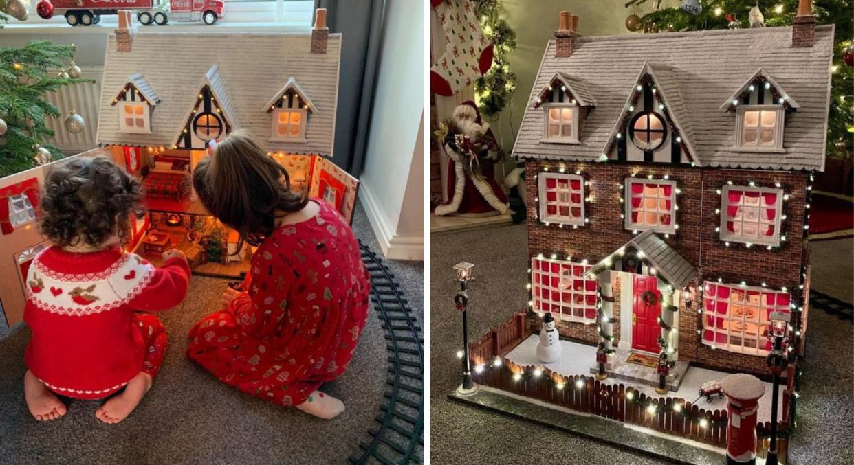 A composite image of two young girls playing with a doll's house (left) and a Christmas-themed doll's house (right).(Caters)