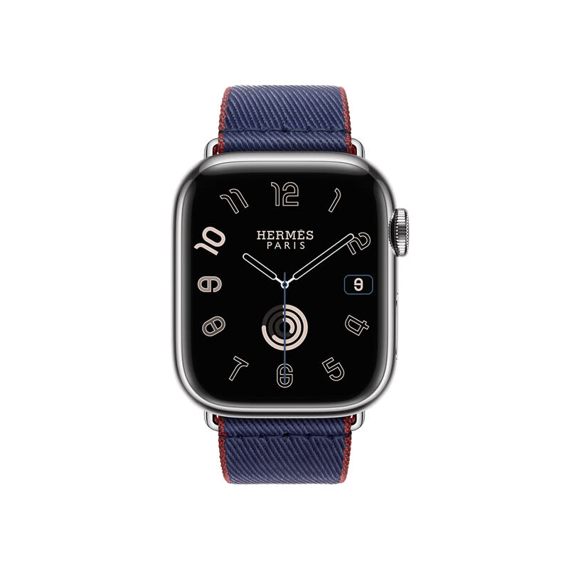 APPLE WATCH HERMES 9系列_41 mm銀色不銹鋼錶殼_海軍藍色搭配愛馬仕紅色_尼龍編織 Twill Jump 單圈錶款_NT$ 40,900