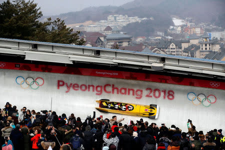 Bobsleigh - Pyeongchang 2018 Winter Olympics - Men's 4-man Competition - Olympic Sliding Centre - Pyeongchang, South Korea - February 24, 2018 - Nico Walther, Kevin Kuske, Alexander Roediger and Eric Franke of Germany compete. REUTERS/Arnd Wiegmann