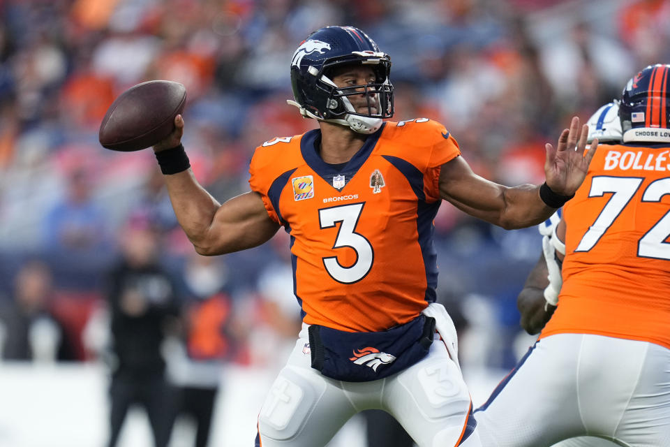 Denver Broncos quarterback Russell Wilson (3) throws against the Indianapolis Colts during the first half of an NFL football game, Thursday, Oct. 6, 2022, in Denver. (AP Photo/Jack Dempsey)