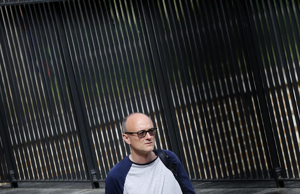 Dominic Cummings, the top aide to Britain's Prime Minister Boris Johnson, arrives at Downing Street the day after he gave a press conference over allegations he breached coronavirus lockdown restrictions in London, Tuesday, May 26, 2020. (AP Photo/Frank Augstein)