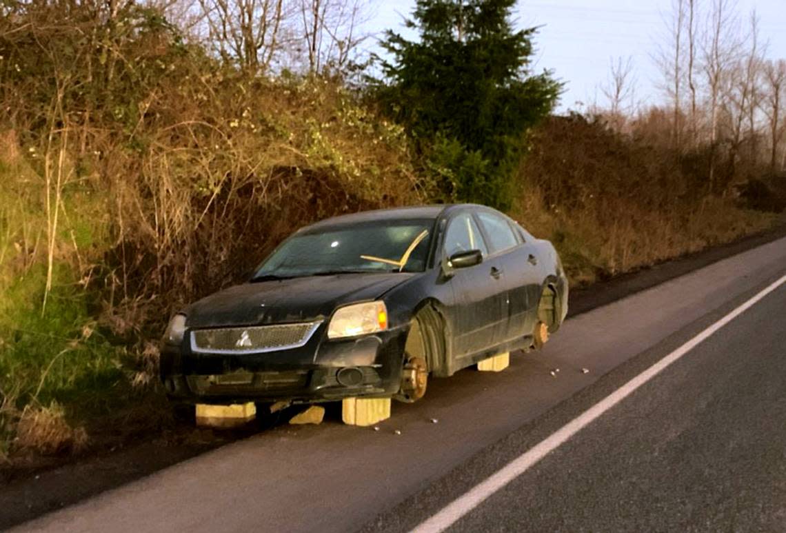 “As the Washington Legislature debated the catalytic converter bill last session, someone parked this car across the street from my house in Longview. Within days, thieves had it up on blocks, the wheels were stripped and the catalytic converter was lopped off the tailpipe. It was as if someone was trying to send me a message – don’t give up on the bill.” Courtesy photo by Sen. Jeff Wilson, R-Longview.