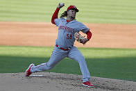 Cincinnati Reds starting pitcher Luis Castillo delivers during the first inning of a baseball game against the Cleveland Indians at Progressive Field, Thursday, Aug. 6, 2020, in Cleveland. (AP Photo/David Dermer)