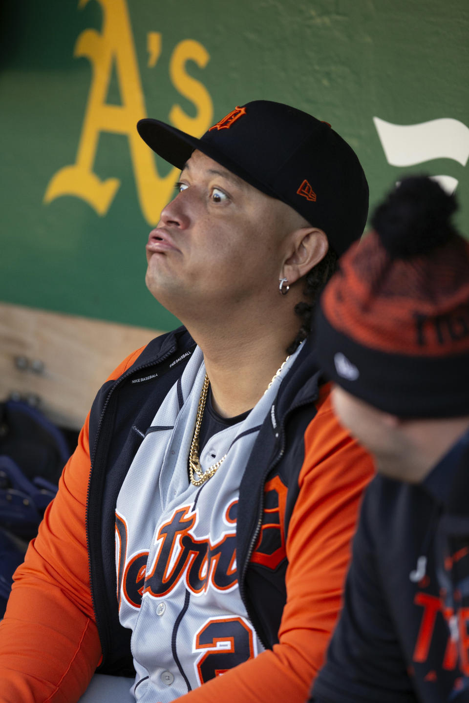 Detroit Tigers designated hitter Miguel Cabrera (24) makes a face for a teammate before the Tigers' baseball game against the Oakland Athletics, Thursday, Sept. 21, 2023, in Oakland, Calif. (AP Photo/D. Ross Cameron)