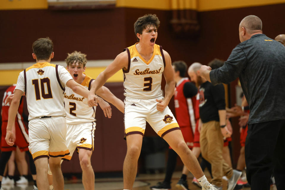 Southeast senior Garrett Sprutte, shown earlier this season against Field, had plenty to celebrate Friday as he lifted his team to its first sectional title in a decade.