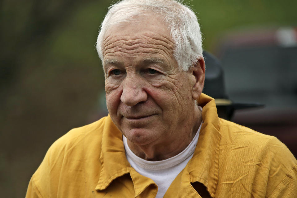 Former Penn State University assistant football coach Jerry Sandusky arrives at the Centre County Courthouse, Friday, Nov. 22, 2019, in Bellefonte, Pa., to be resentenced after an appeals court said mandatory minimum sentences had been improperly applied against him. Sandusky was convicted of 45 counts of child sexual abuse in 2012 and sentenced to 30 to 60 years. (AP Photo/Gene J. Puskar)