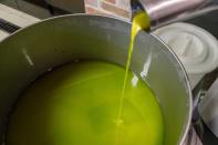 Olive oil is seen at an olive mill in Bale