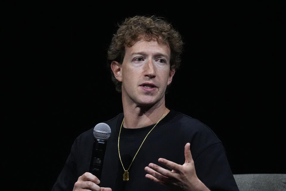 Mark Zuckerberg, CEO of Meta, makes the point during an appearance at SIGGRAPH 2024, the premier conference on computer graphics and interactive techniques, Monday, July 29, 2024, at the Colorado Convention Center in downtown Denver.  (AP Photo/David Zalubowski)