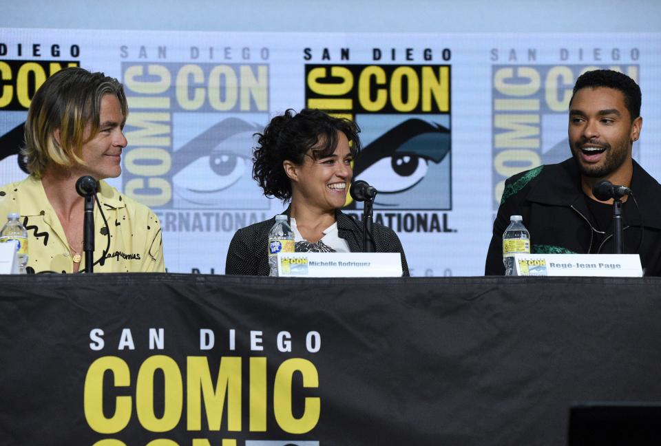 Chris Pine (from left), Michelle Rodriguez and Regé-Jean Page talk up "Dungeons & Dragons: Honor Among Thieves" on the first day of San Diego Comic-Con.