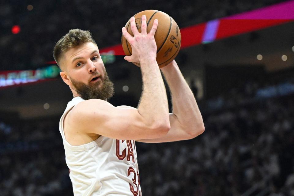 Cavaliers forward Dean Wade rebounds against the Boston Celtics in the second quarter of Game 3 of the Eastern Conference semifinals, May 11, 2024, in Cleveland.