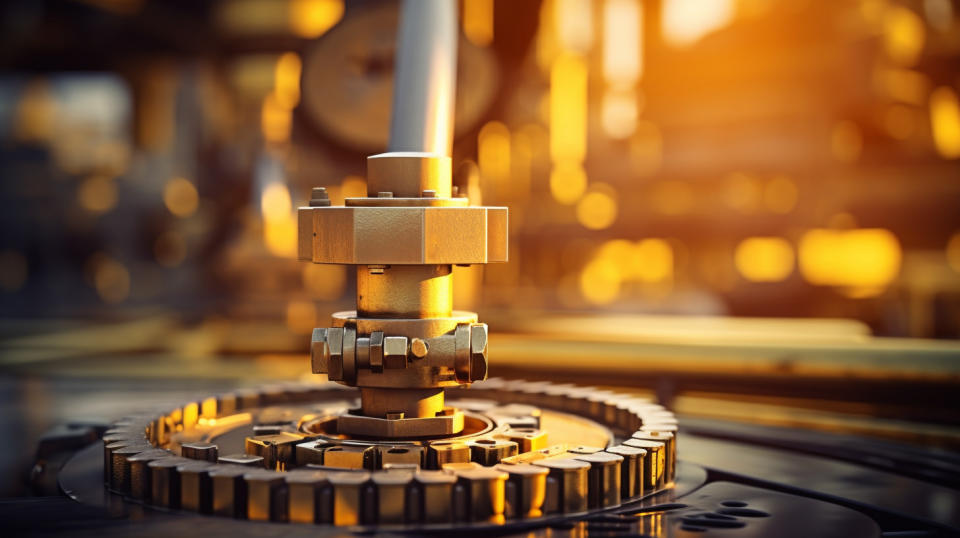 A close-up of a metal oil pump in an oil refinery, a key part of the company's production.