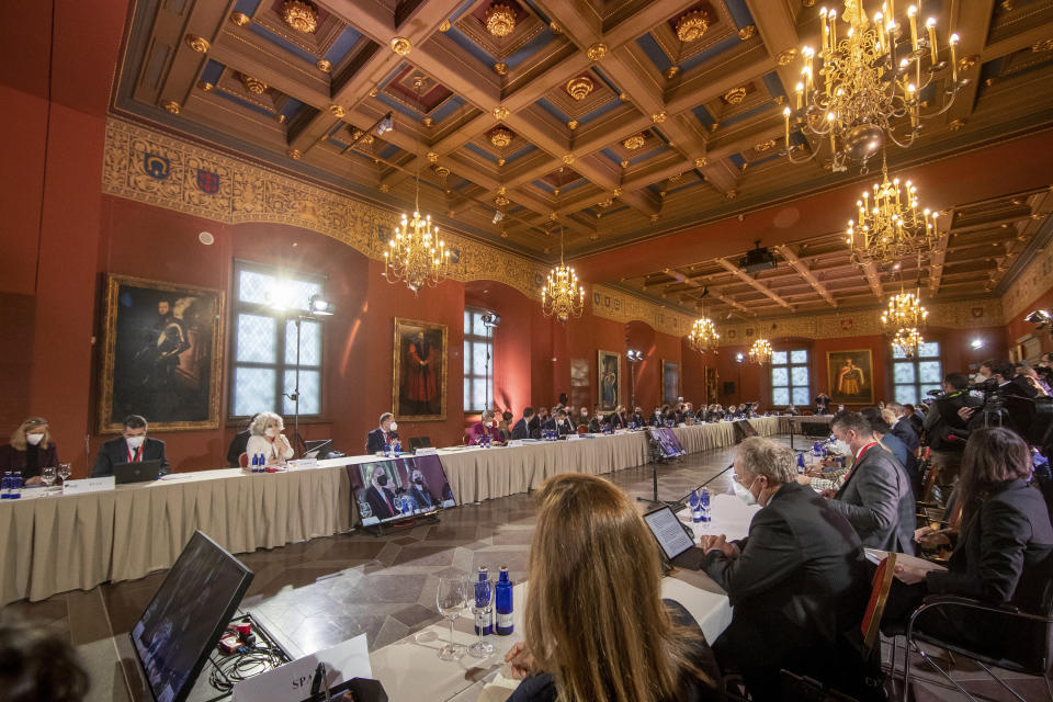 A general view of the Conference on Border Management at the Palace of the Grand Dukes of Lithuania in Vilnius, Lithuania, Friday, Jan. 21, 2022. (AP Photo/Mindaugas Kulbis)
