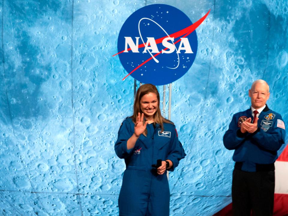 Astronaut Jasmin Moghbeli graduates at Johnson Space Center in Houston Texas, on 10 January, 2020. She is among the first to graduate under Nasa's Artemis program, which aims to begin missions to the Moon, and ultimately to Mars (AFP via Getty Images)