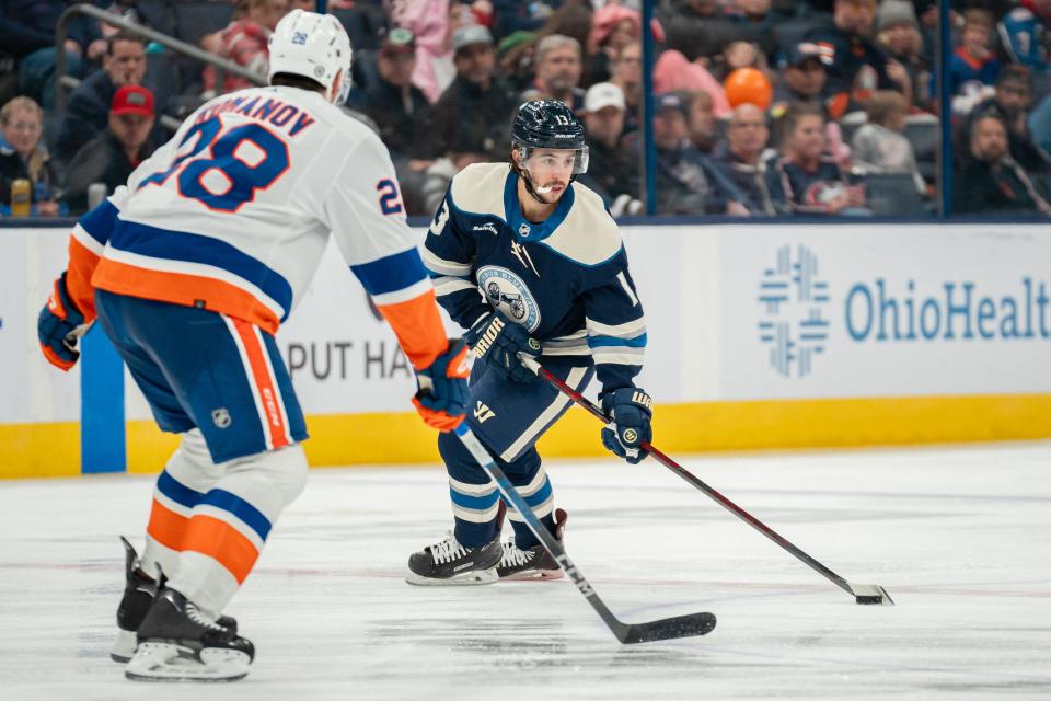 Oct 28, 2023; Columbus, Ohio, United States;
Columbus Blue Jackets left wing Johnny Gaudreau (13) looks for an open pass as he skates down the rink during the third period of their game against the New York Islanders on Saturday, Oct. 28, 2023 at Nationwide Arena.